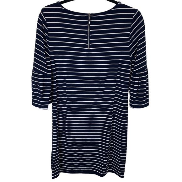 White House | Black Market Navy Blue White Striped 3/4 Bell Sleeve Dress sz M - Picture 4 of 8
